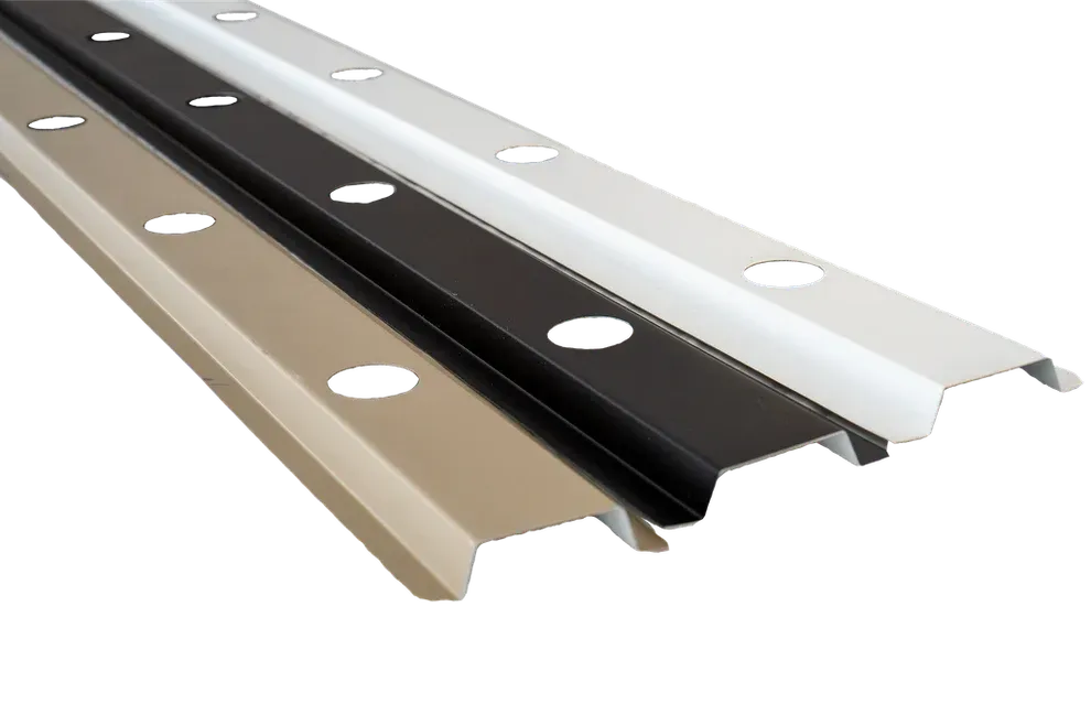Three metal channels in beige, black, and white, each with holes and angled edges, arranged diagonally.