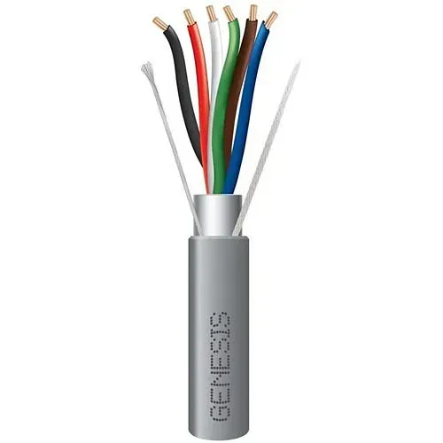 Gray cable with exposed wires of various colors, labeled