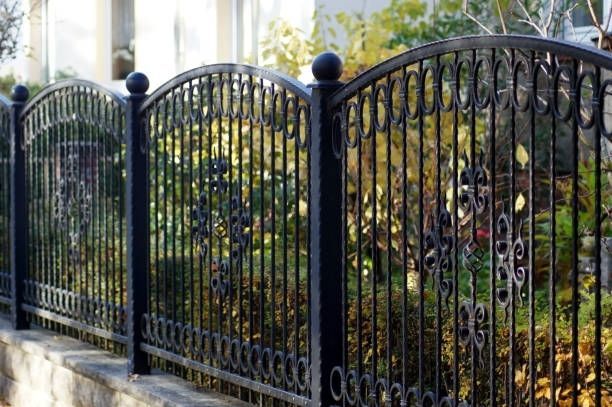 A black wrought iron fence surrounds a garden in front of a house.