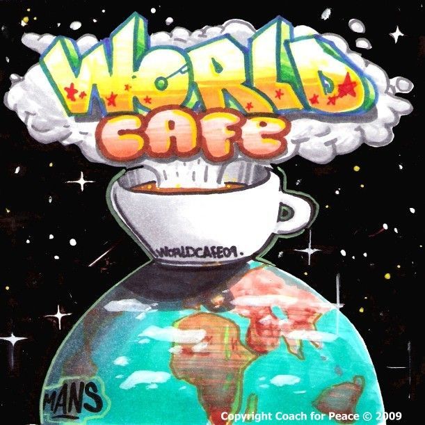 A drawing of a cup of coffee on top of a globe that says World Cafe, Coach for Peace logo.