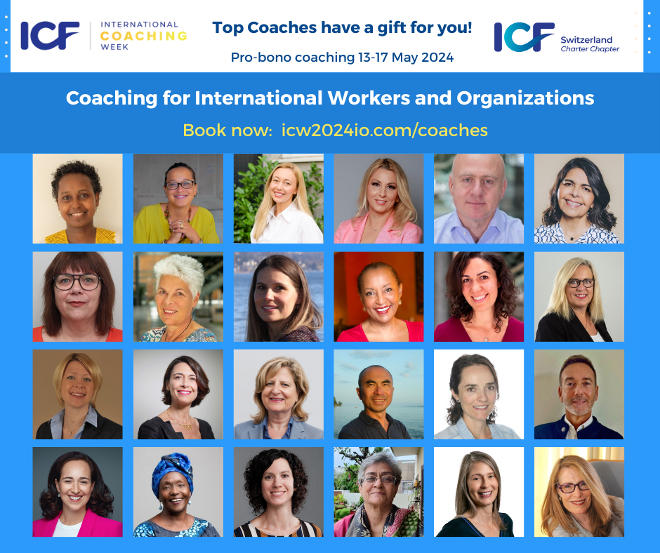 A collage of people 's faces, on a blue background. They are ICF coaches who participated to International Coaching Week 2024.