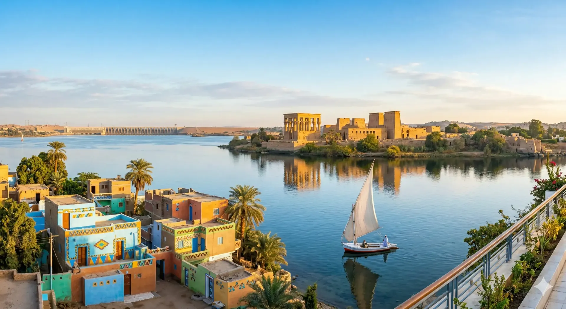 Colorful Nubian village, Philae Temple, and a felucca on the Nile River in Aswan.