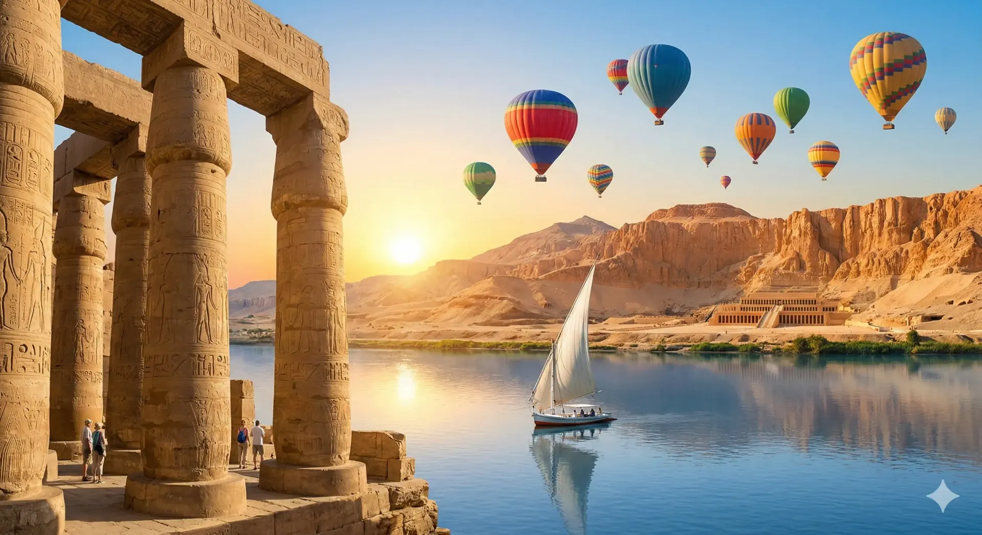 Luxor landscape with Karnak pillars, Nile felucca, and hot air balloons at sunrise.