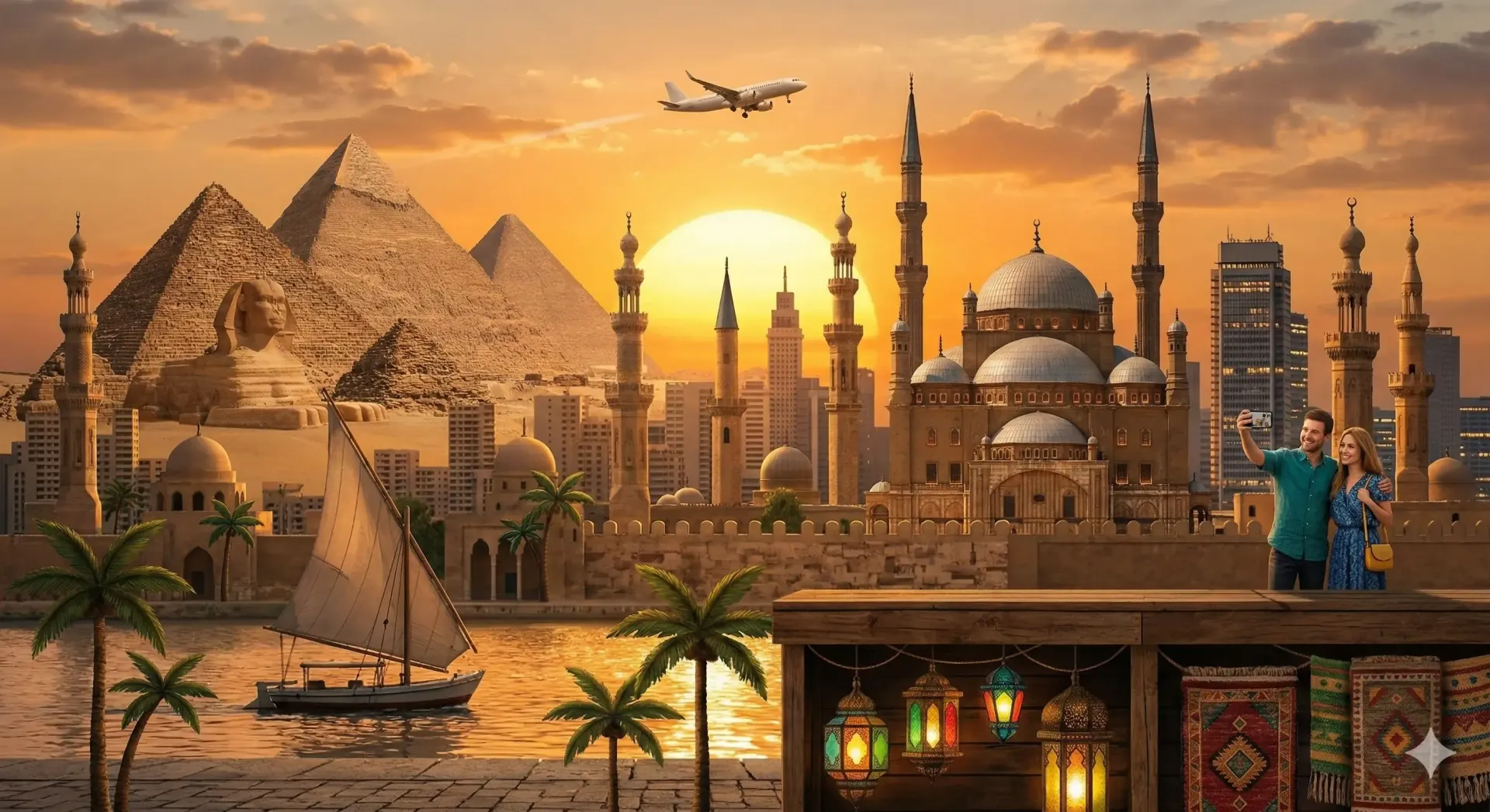 Sunset over Cairo with Pyramids, Sphinx, mosque, Nile river, and a couple taking a selfie.