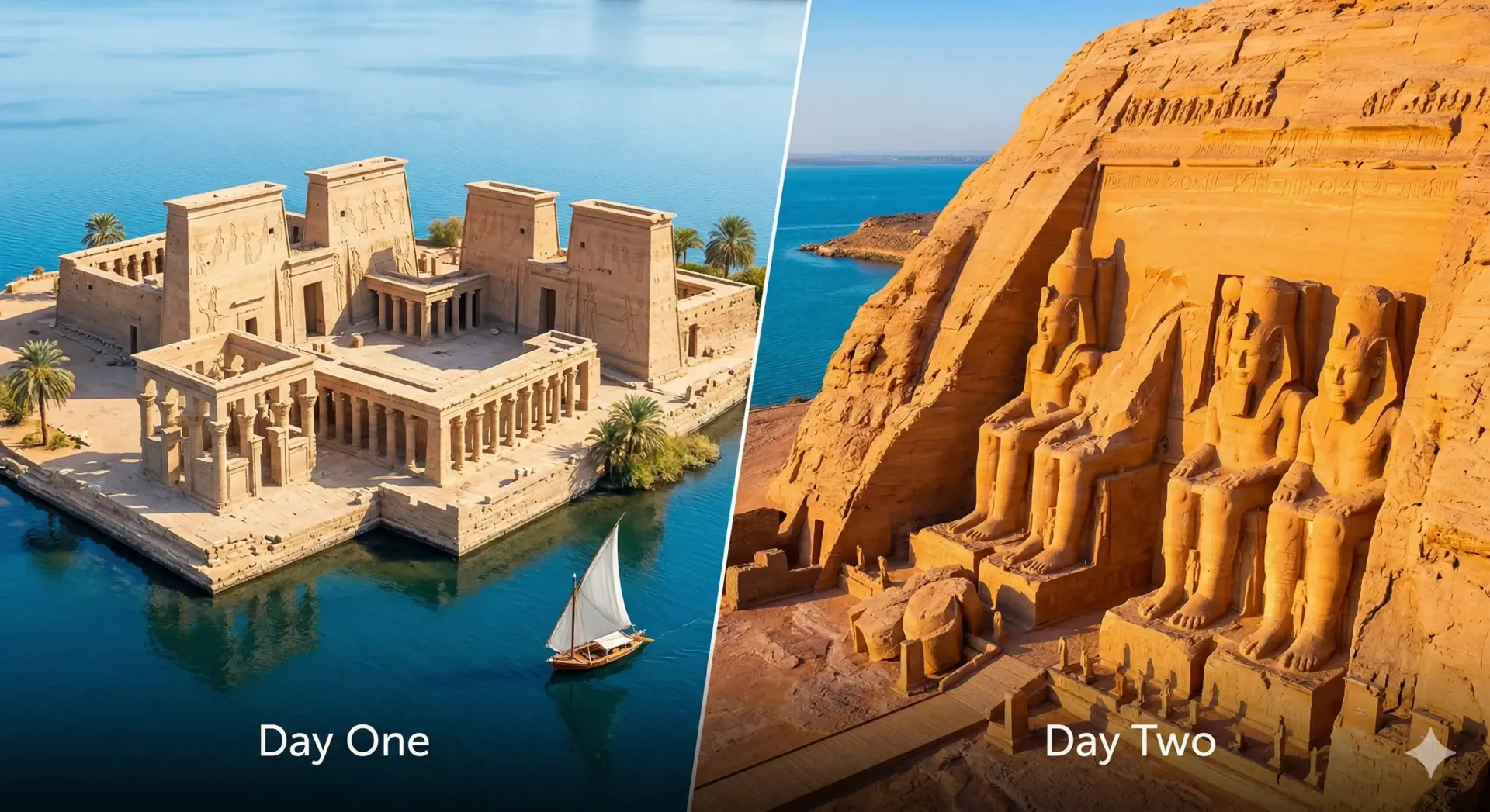 Split view of Philae Temple in the Nile River and the massive statues of Abu Simbel.