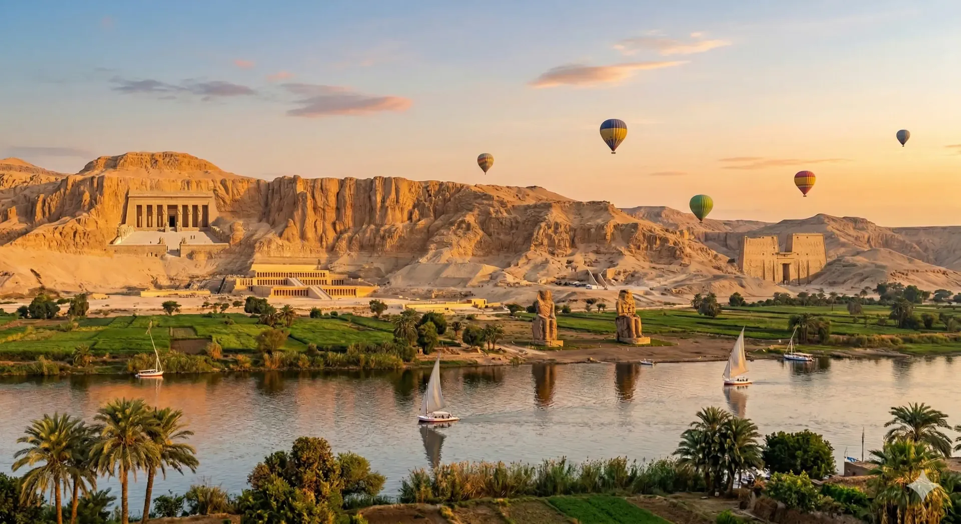 Nile with feluccas, Colossi of Memnon, cliff temples, and hot air balloons at sunset in Luxor, Egypt