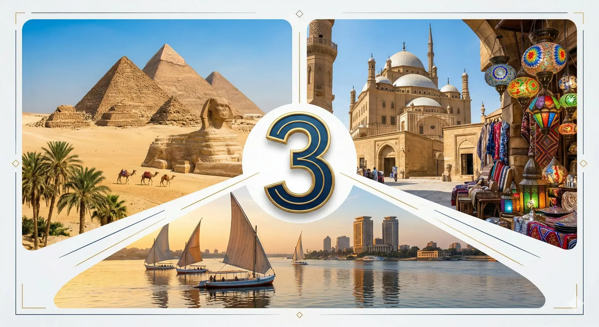 Collage of Giza Pyramids, Islamic Cairo, and Nile boats centered around a large number 3.