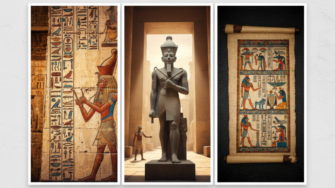 Collage of detailed hieroglyphs, a grand pharaoh statue, and an ancient Egyptian religious papyrus