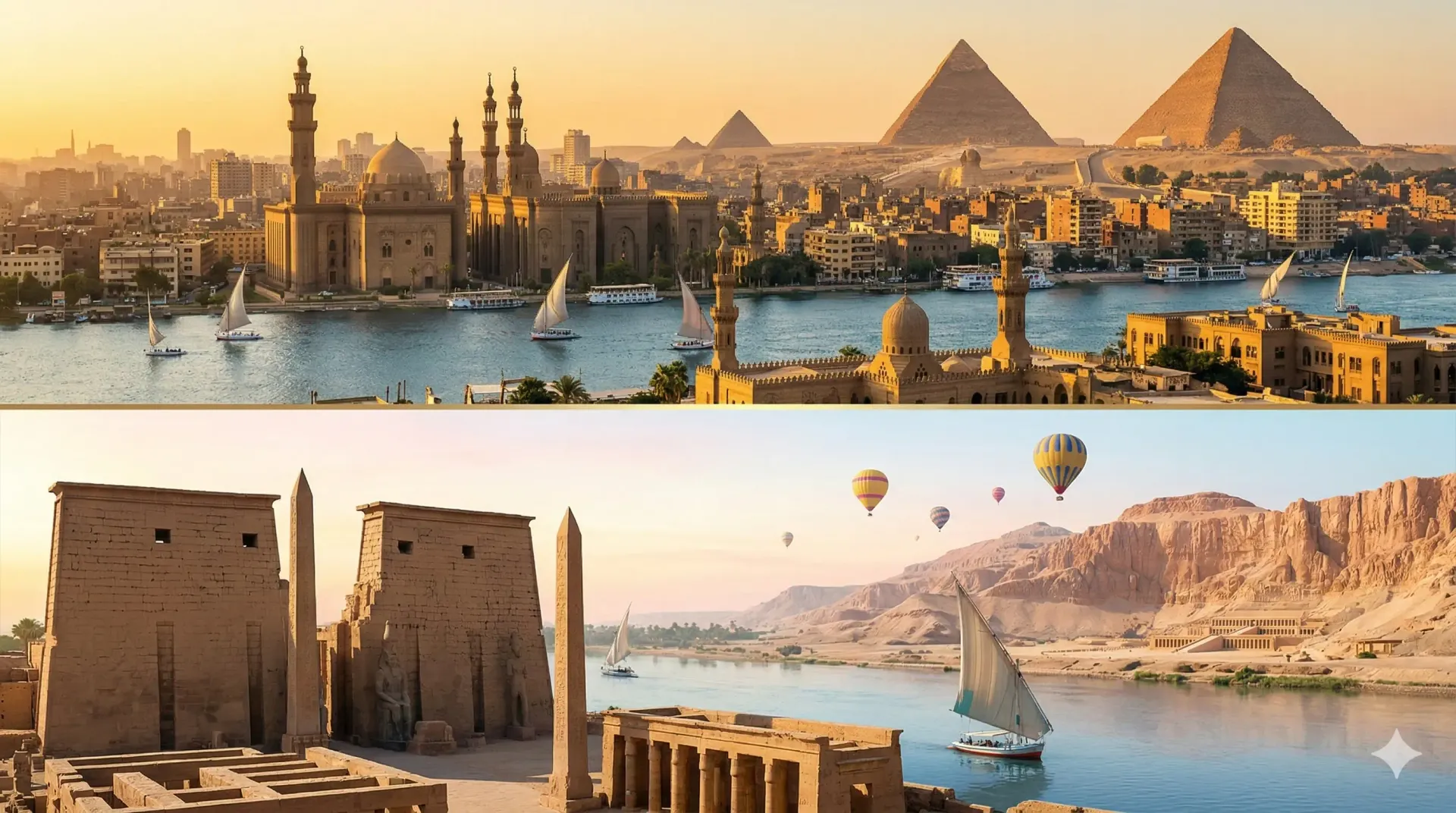 Karnak Temple with obelisks; Giza Pyramids at sunset.