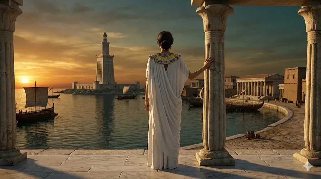 Ancient Alexandria harbor at golden hour — a woman in
Ptolemaic court dress on a marble terrace, th