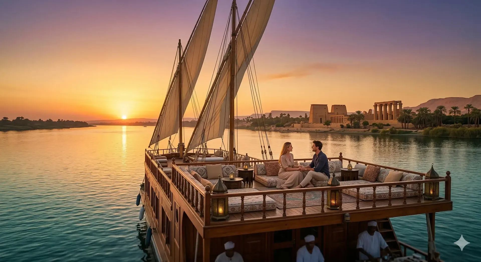Traditional dahabiya sailing on the Nile at sunset; a private honeymoon experience.