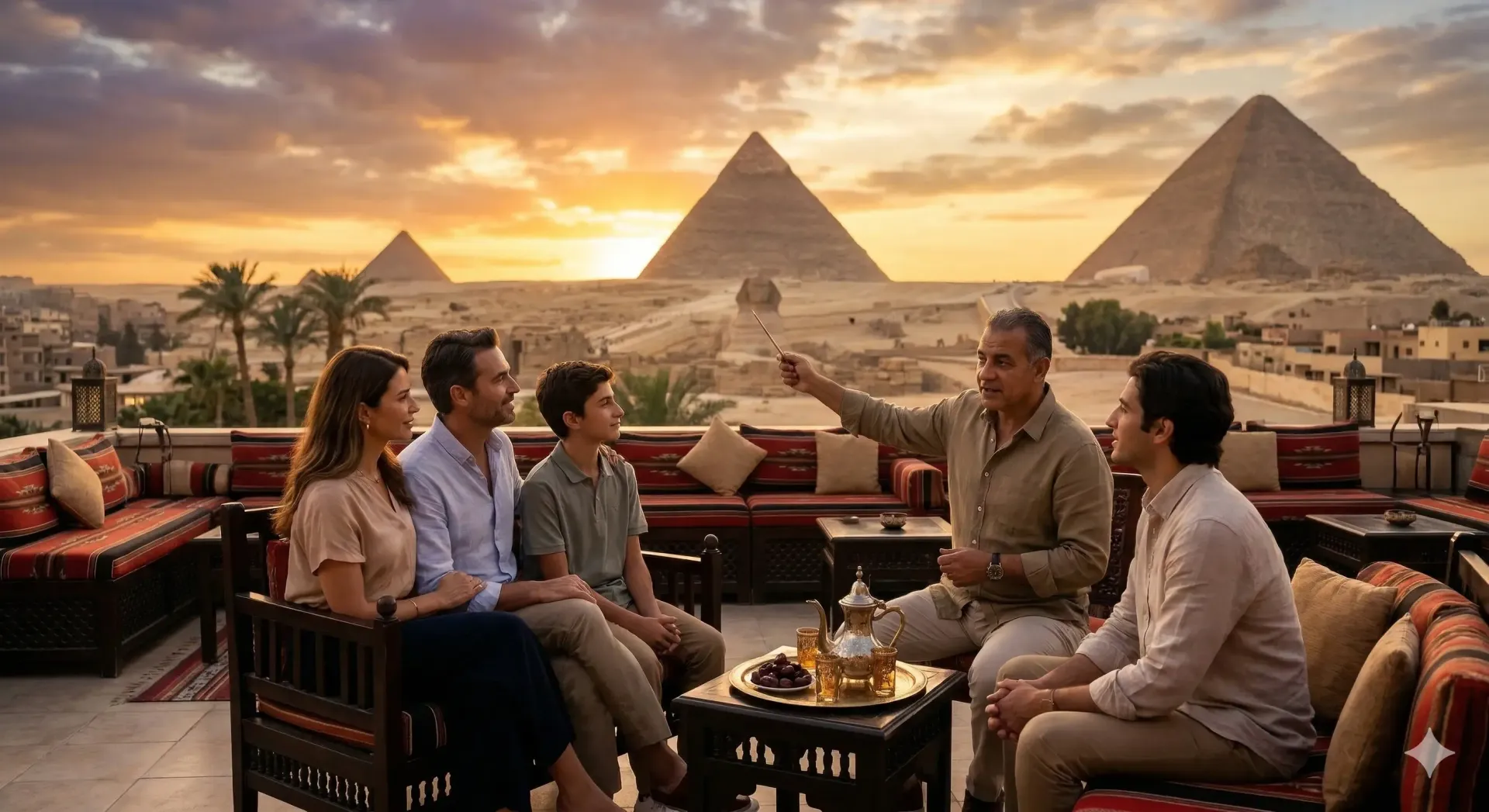 An Egyptologist guide teaches a private group on a luxury terrace overlooking the Giza Pyramids at sunset.