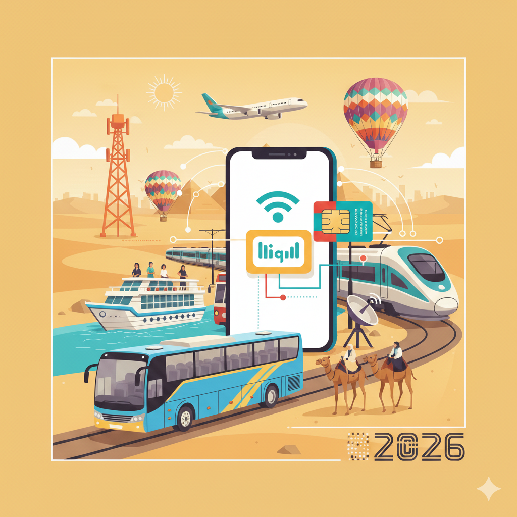 Smartphone with SIM cards and Wi-Fi icon, set against an Egyptian travel landscape with pyramids.