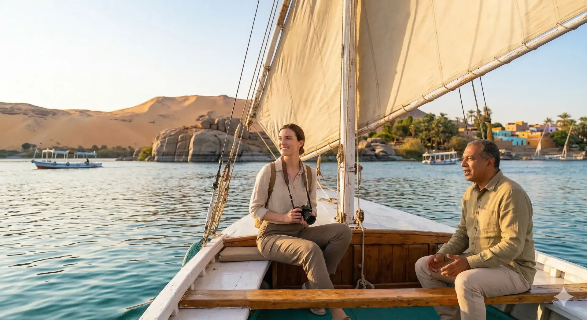 A solo traveler and guide sailing on a traditional felucca near Aswan granite islands.