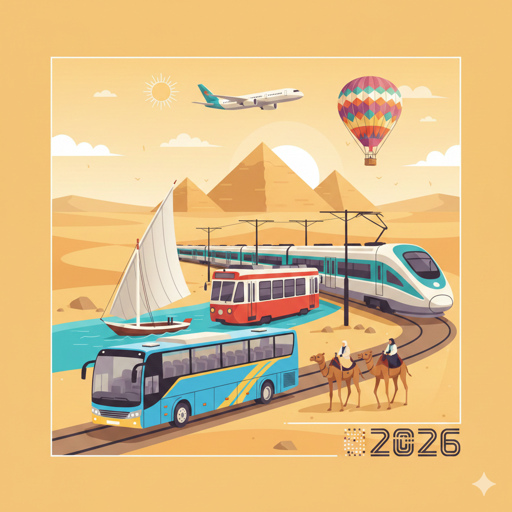 Illustration of modern and traditional transport in Egypt with Pyramids in the background.