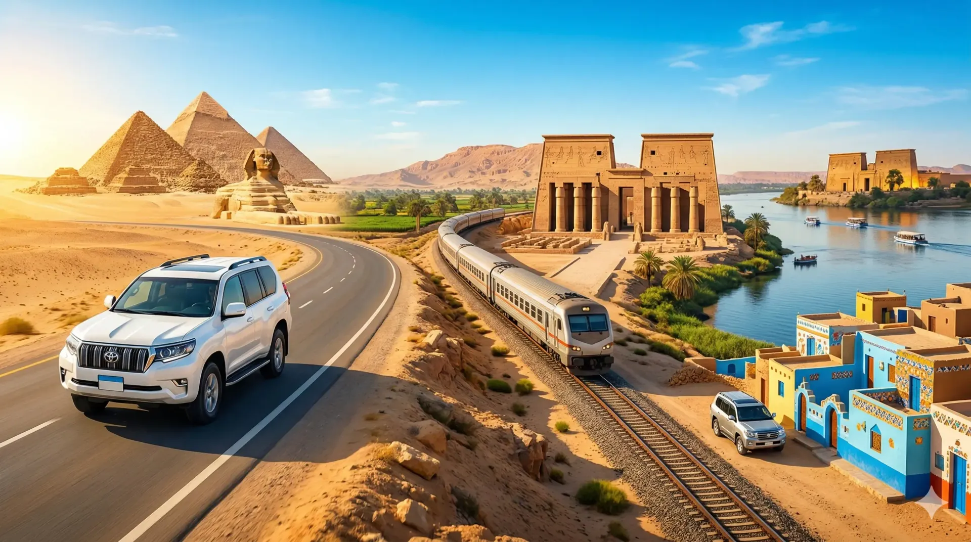 SUV and train traveling past Giza Pyramids, Nile temples, and colorful Nubian houses.