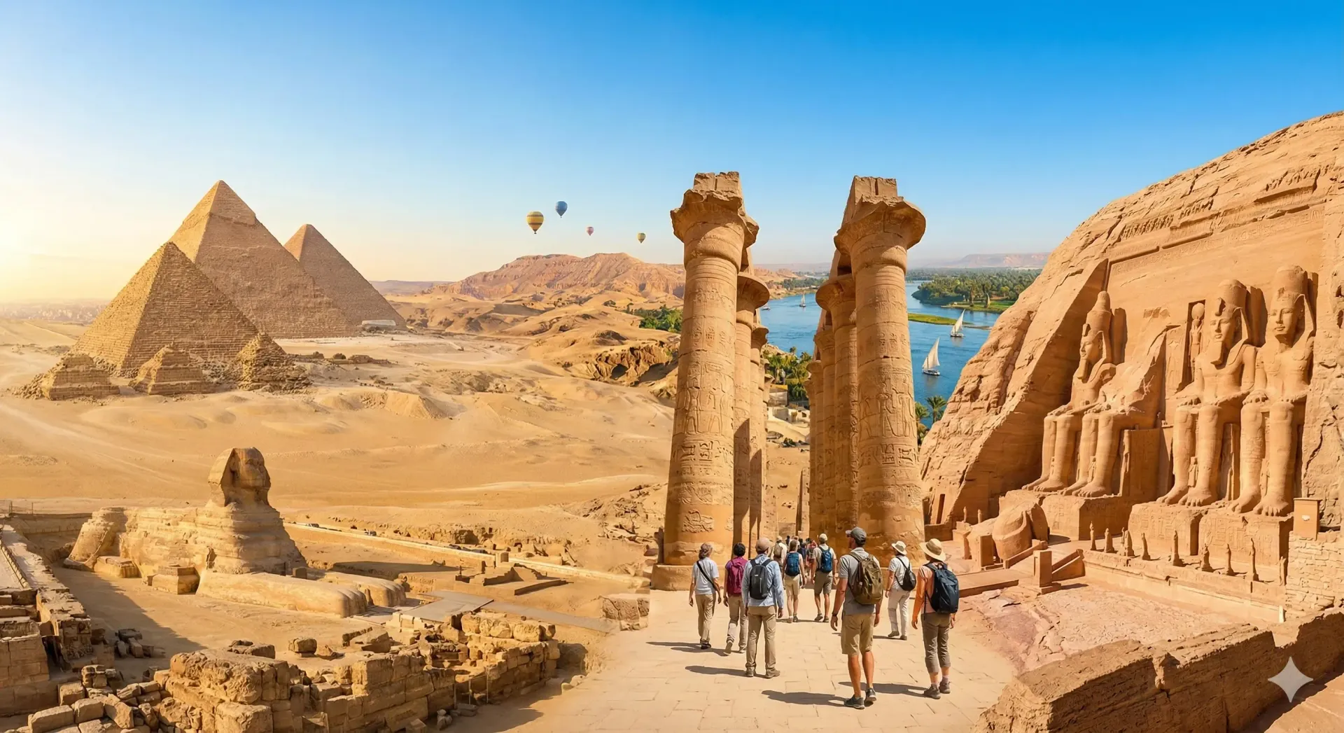 Composite view of Egypt's pyramids, massive columns, and Abu Simbel statues with a tour group.