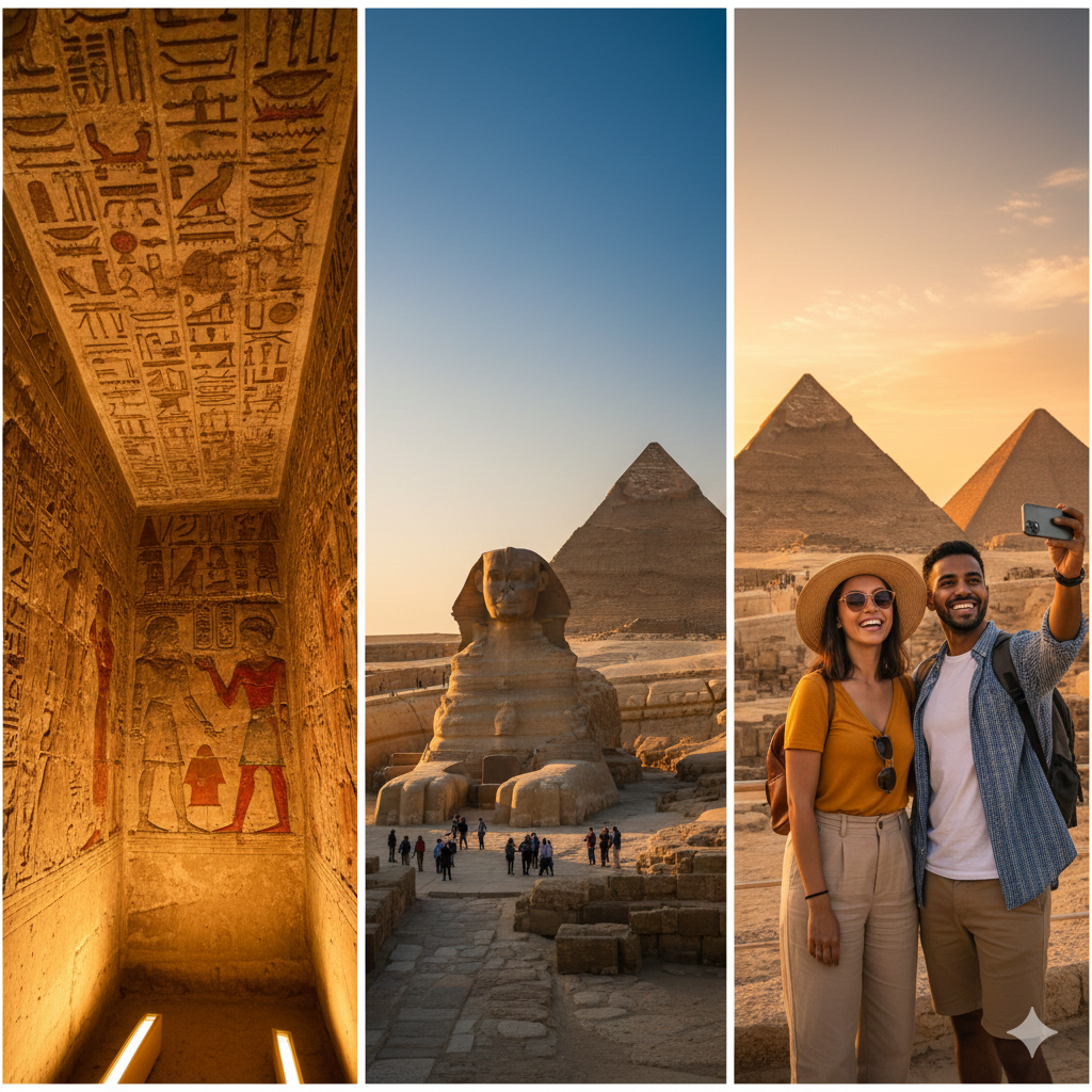 Collage of ancient hieroglyphs, the Great Sphinx with a pyramid, and a smiling couple taking a selfi