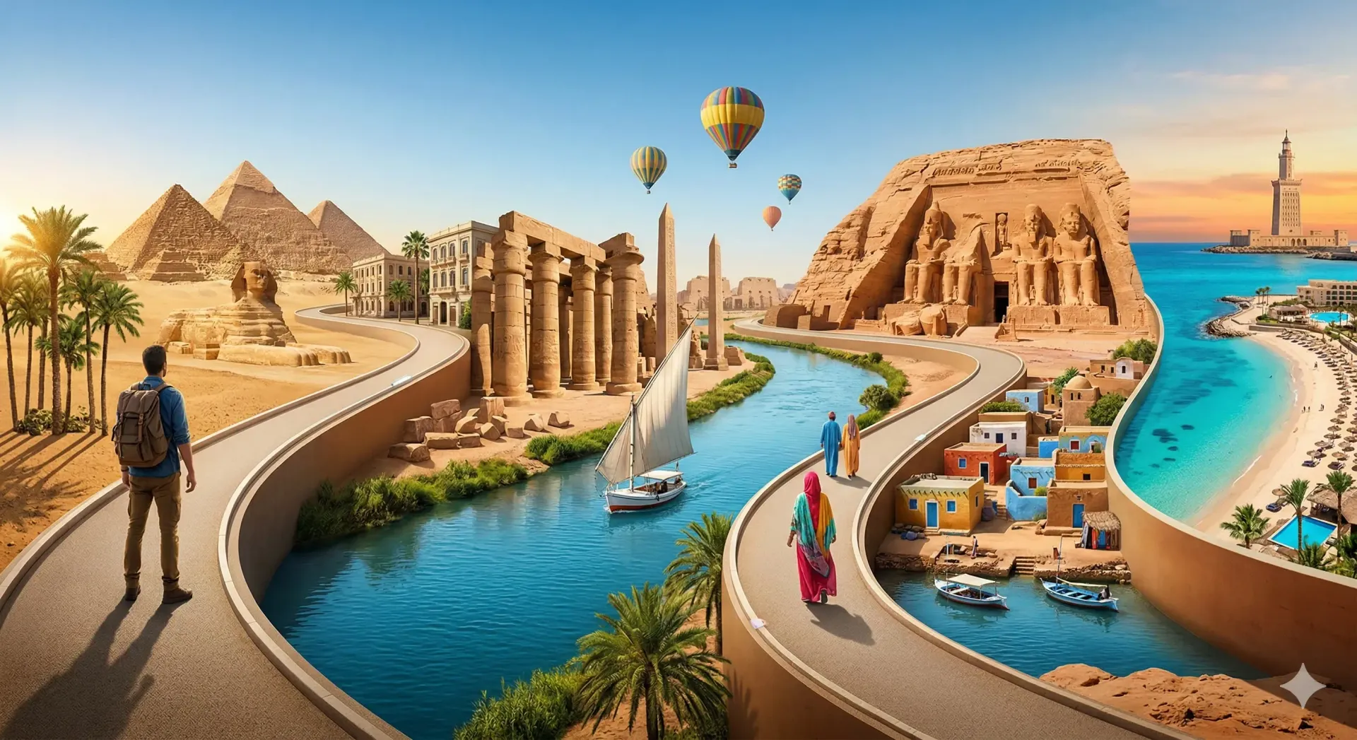 Progressive timeline of Egyptian sites: Pyramids, Karnak Temple, hot air balloons, and Abu Simbel, s