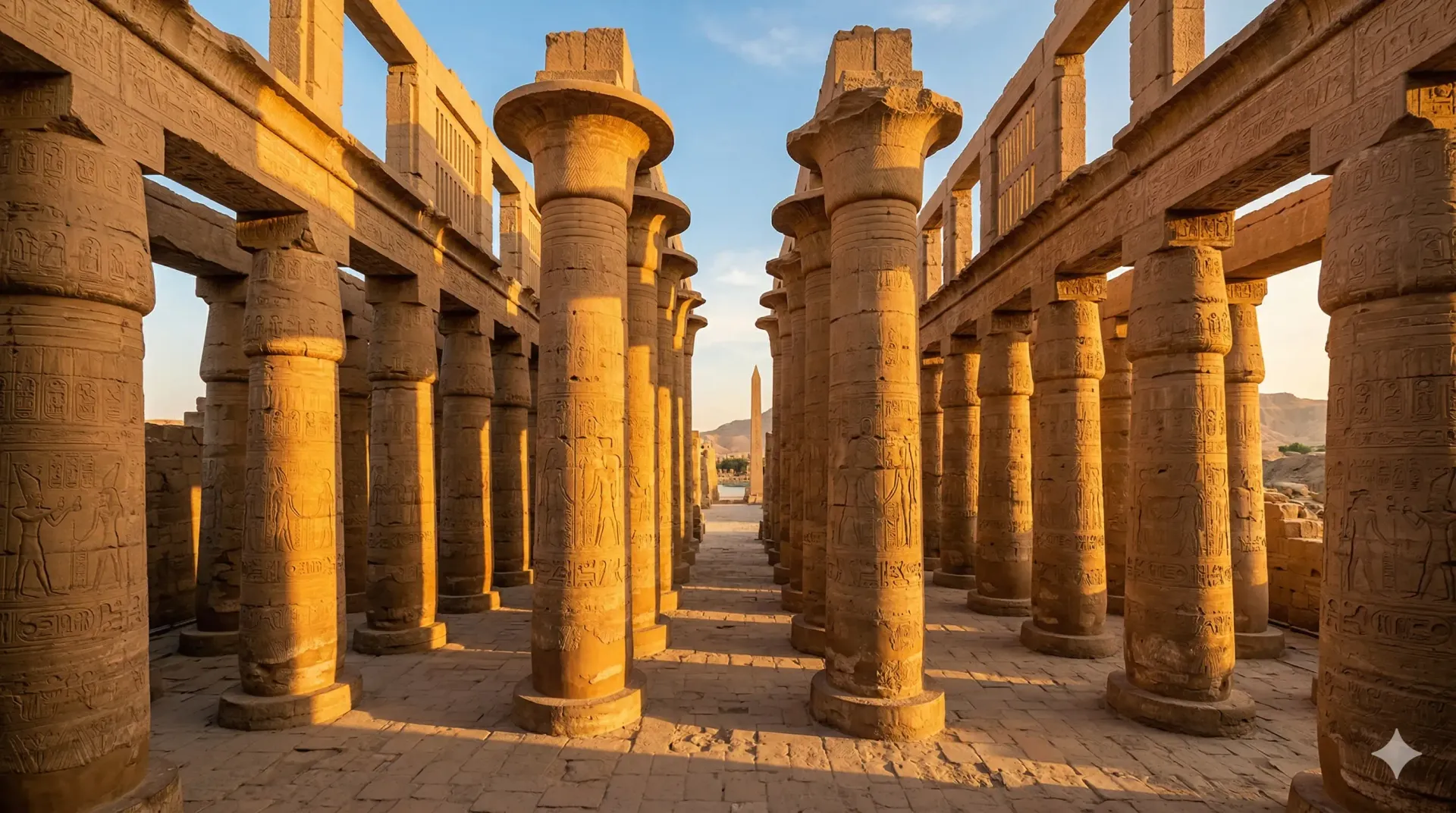 A professional, wide-angle architectural photograph of the Great Hypostyle Hall at Karnak Temple dur