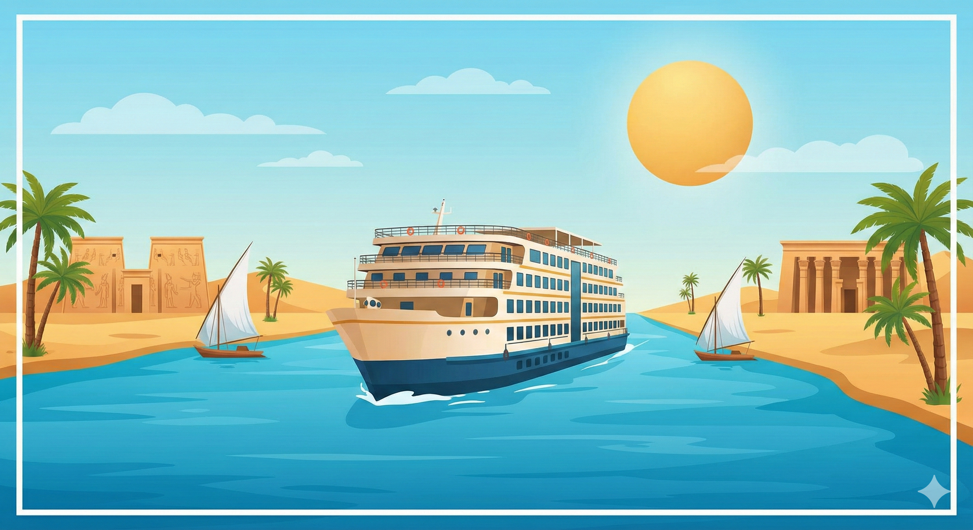 Nile cruise ship sailing past ancient temples, feluccas, and palm trees.