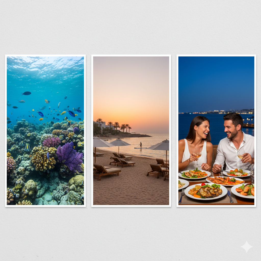 Collage of vibrant coral reefs, a tranquil beach at sunset, and a couple enjoying a seaside dinner.