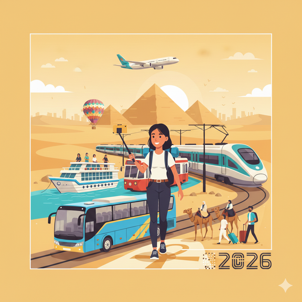 Solo female traveler with a selfie stick in Egypt, featuring pyramids and various transport modes.