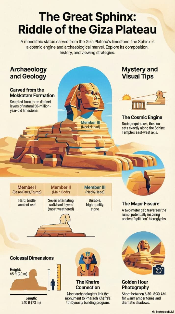 Infographic showing facts and dimensions of the Great Sphinx of Giza, including its 73 metre length, 20 metre height, 4500 year age, eastward orientation, original red, blu,e and yellow paint, and missing nose and beard