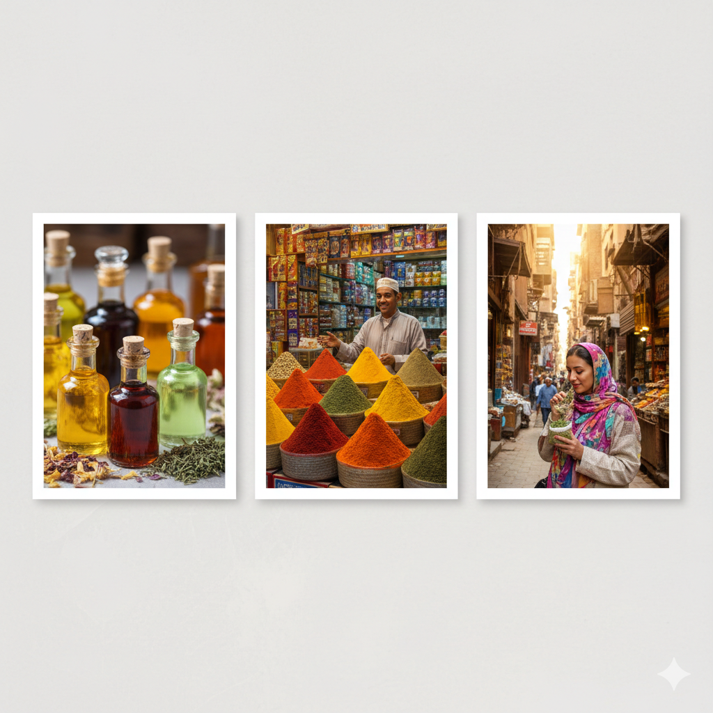 A collage of colorful essential oils, a merchant with mounds of spices, and a woman smelling herbs