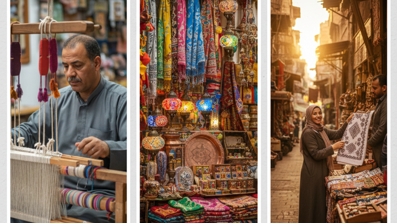 A collage of a man weaving at a loom, vibrant scarves and lamps, and a woman shopping for textiles