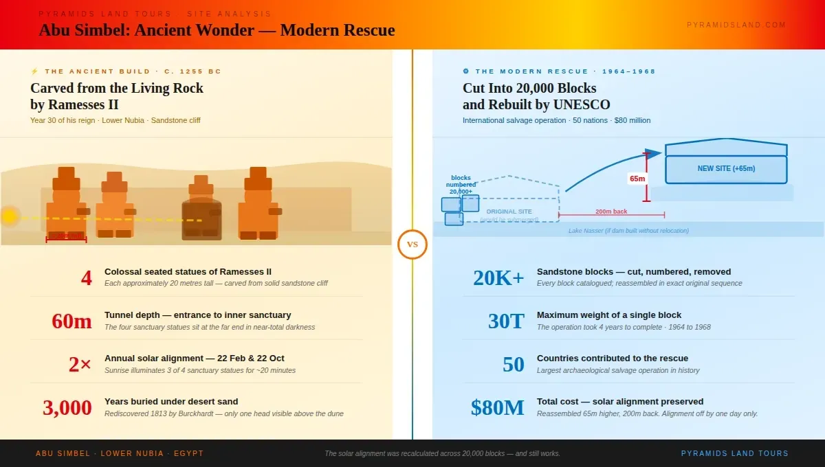 Split infographic comparing Abu Simbel's original construction by Ramesses II around 1255 BC — four colossi 20 metres tall, solar alignment on 22 February and 22 October — with the 1964–1968 UNESCO rescue operation that cut the temple into over 20,000 blocks and rebuilt it 65 metres higher and 200 metres back to save it from Lake Nasser. Pyramids Land Tours.