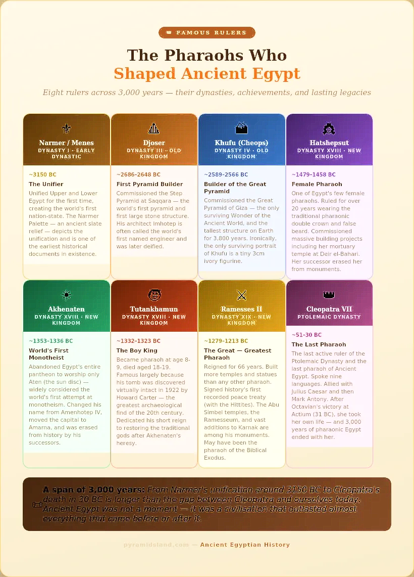 Eight pharaoh profile cards covering Narmer, Djoser, Khufu, Hatshepsut, Akhenaten, Tutankhamun, Ramesses II, and Cleopatra VII with their dynasties, dates, key achievements, and historical significance