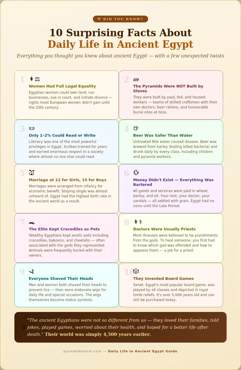 10 surprising facts about daily life in ancient Egypt, including women's legal equality, pyramids built by paid workers, only 1 to 2 percent literacy, beer safer than water, and crocodiles kept as pets
