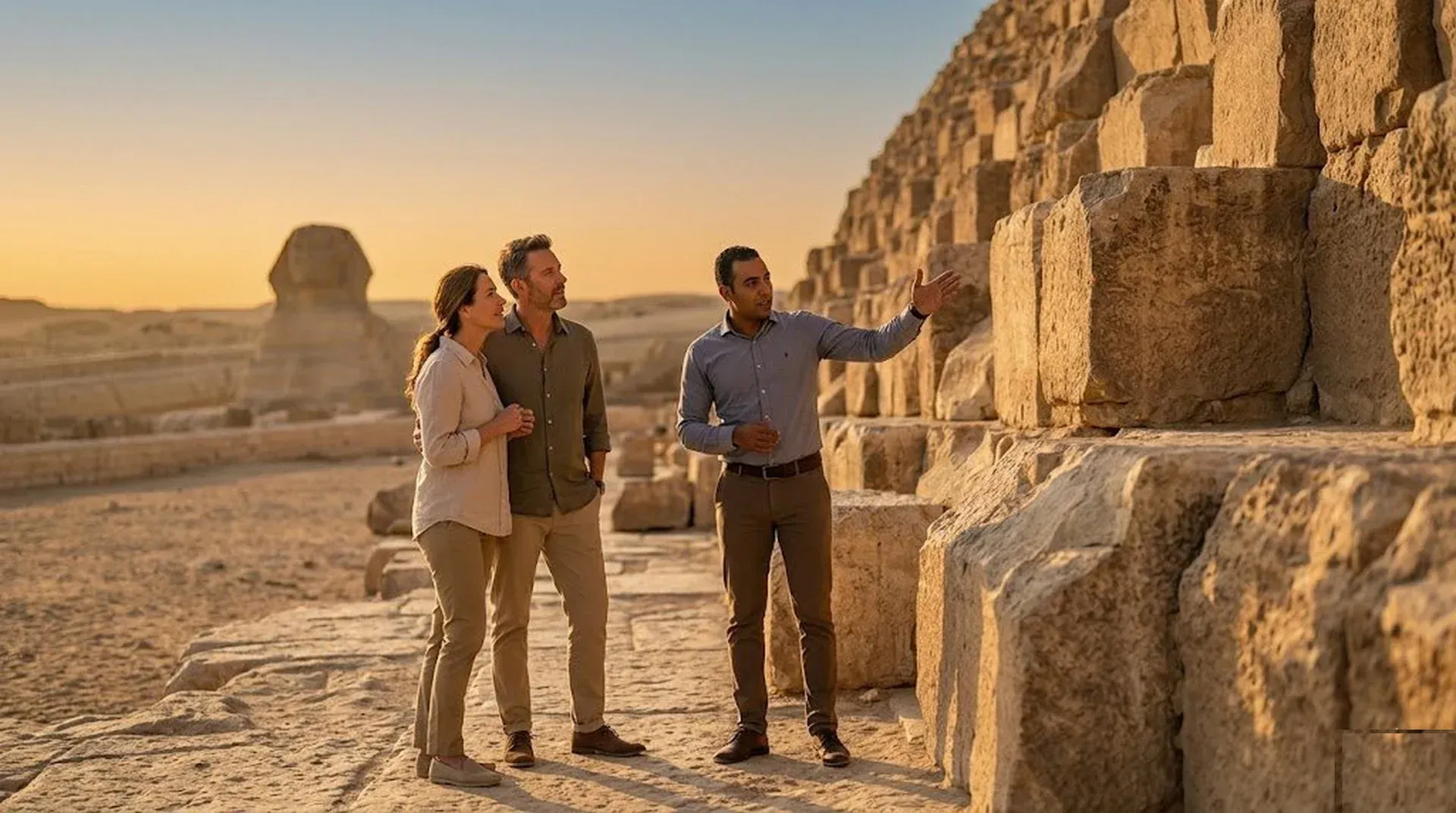 Private Egyptologist guide explaining the Great Pyramid to a couple at golden hour on the Giza Plateau
