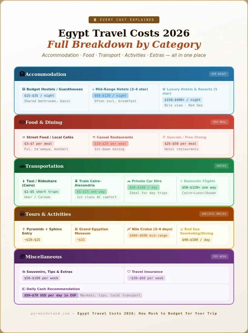 Egypt travel costs 2026 broken down by category: accommodation from $15 to $400 plus per night, food from $3 to $50 per meal, transport including Cairo taxis $1 to $5 and domestic flights $50 to $120, tours and activities including $31 Grand Egyptian Museum and $400 to $600 Nile cruise, and miscellaneous costs with $50 to $70 per day cash recommendation