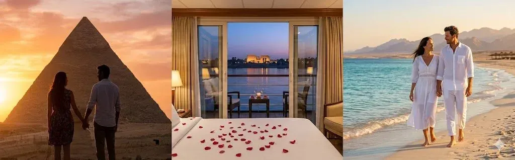 Egypt honeymoon cover showing a couple at the Giza Pyramids at sunset, a rose-petal Nile cruise cabin overlooking Philae Temple, and a couple walking on a Red Sea beach with Sinai mountains