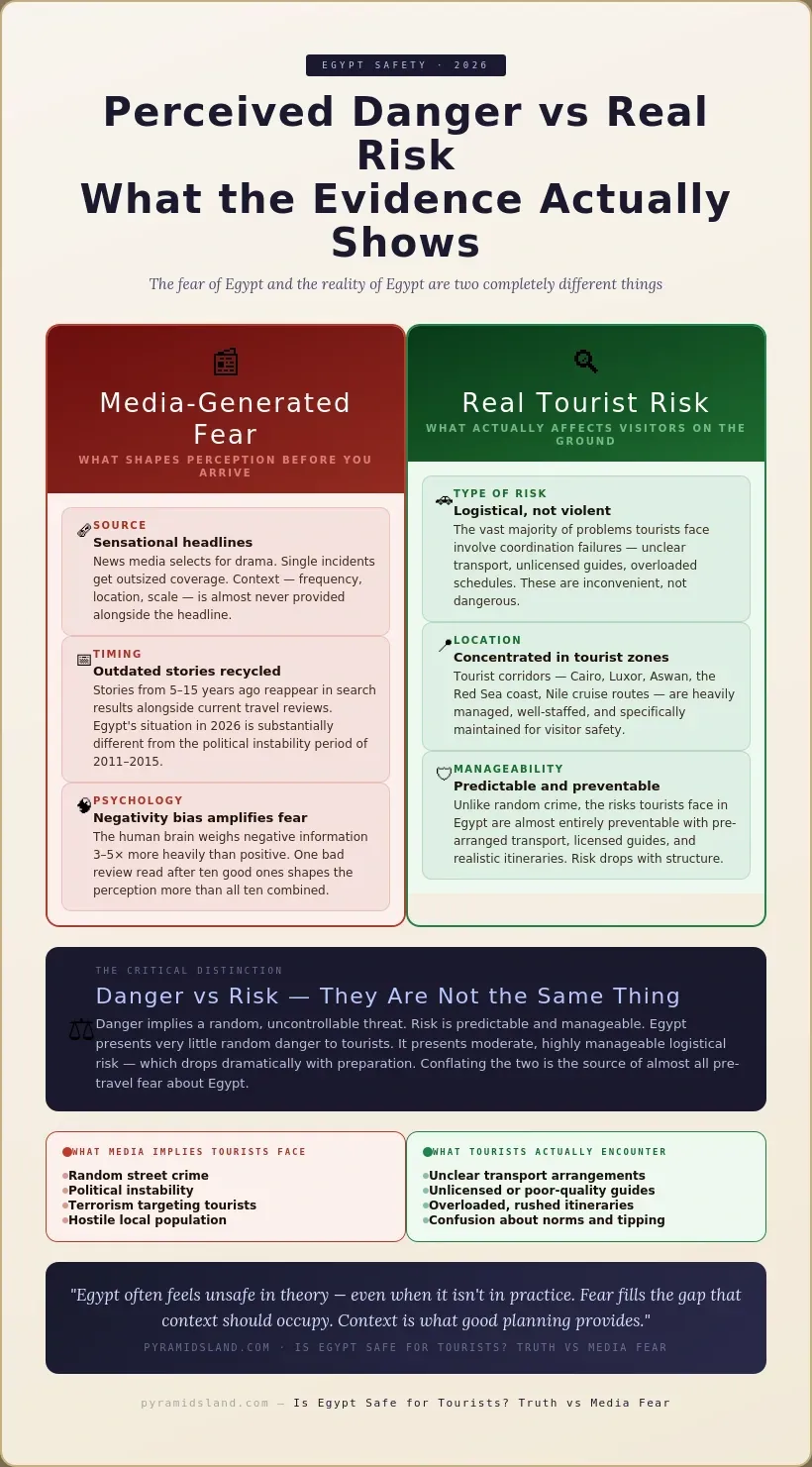 Two-column comparison of media-generated fear versus real tourist risk in Egypt: the fear column shows sensational headlines, outdated recycled stories, and negativity bias amplifying concern; the real risk column shows that actual tourist risk is logistical not violent, concentrated in well-managed tourist zones, and almost entirely predictable and preventable — with a key distinction panel explaining that danger and risk are not the same thing, and a side-by-side list contrasting what media implies tourists face versus what they actually encounter