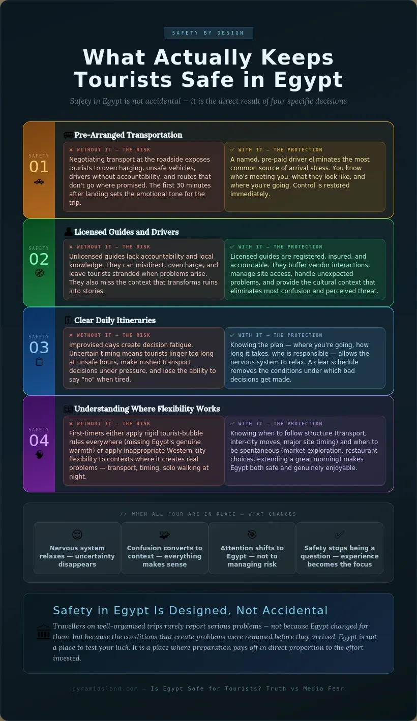 Four safety pillars that keep tourists safe in Egypt, each showing the risk without it and the protection it provides: pre-arranged transportation eliminates arrival stress, licensed and accountable guides buffer vendor interactions and provide cultural context, clear daily itineraries remove the conditions for bad decisions, and understanding where flexibility works versus where structure is needed — closing with the principle that safety in Egypt is designed not accidental, and that well-organised trips rarely encounter serious problems
