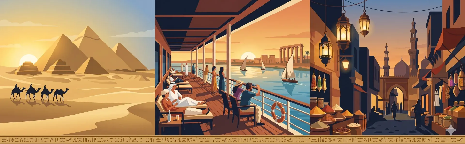 llustrated Egypt travel guide triptych showing Giza Pyramids with camel caravan at sunrise, a Nile c