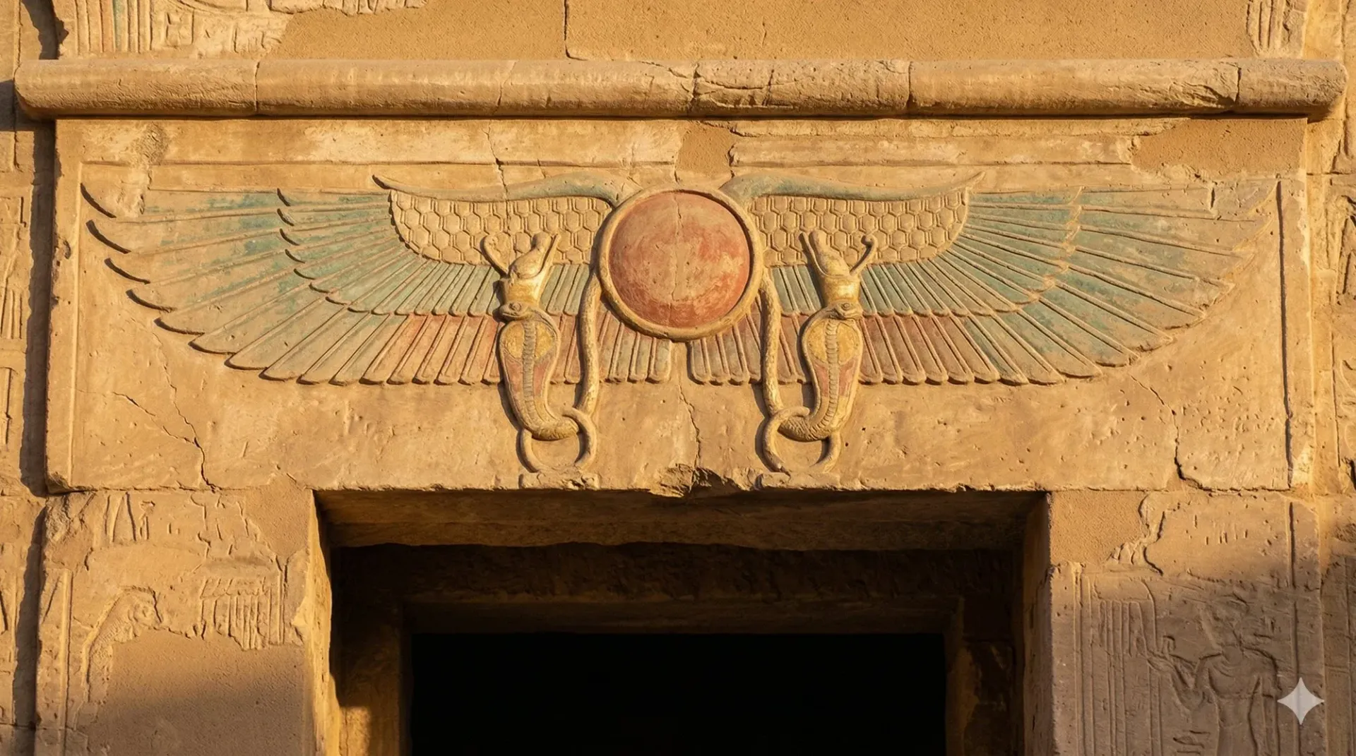 Winged sun disk with two uraeus cobras carved above an Egyptian temple doorway, showing traces of original red and blue-green paint on weathered sandstone in golden afternoon light