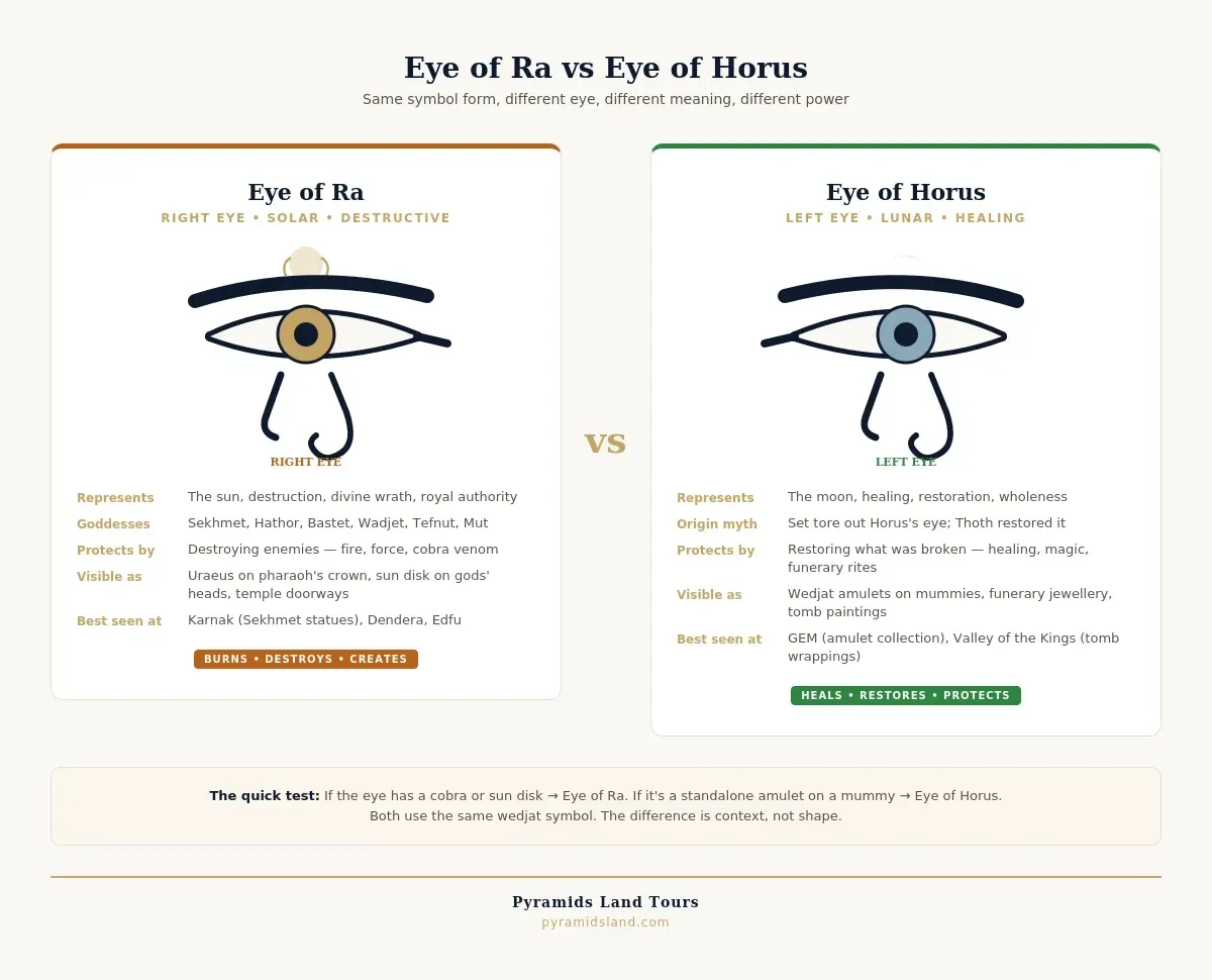Side-by-side comparison of the Eye of Ra and Eye of Horus showing their distinguishing features
