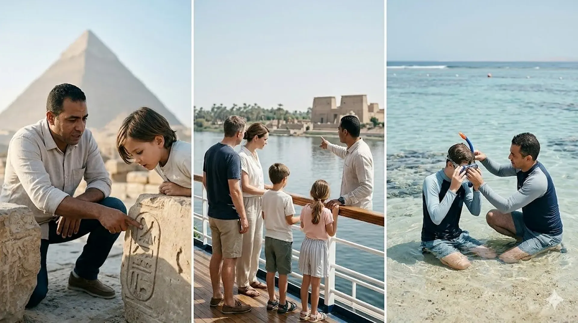 A three-panel editorial photograph of a private Egypt family tour:
an Egyptologist guide kneels to show a young boy a hieroglyphic
cartouche at the Giza Plateau with the Great Pyramid behind;
a family of four stands at a Nile cruise ship's wooden railing
as their guide points out a temple approaching on the riverbank;
a father helps his son adjust a snorkel mask in the shallow
turquoise water of a Red Sea reef.