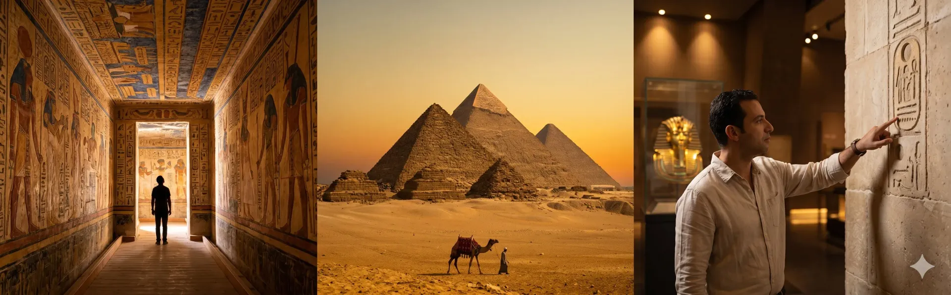 Giza Pyramids guide showing a hieroglyphic tomb corridor at Giza, all three pyramids at golden sunse