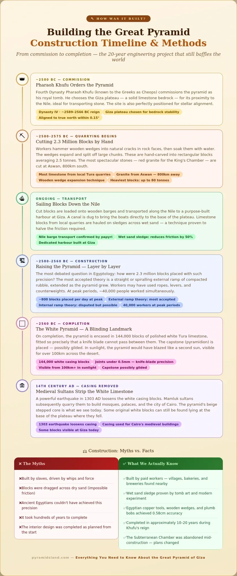 Construction timeline for the Great Pyramid of Giza covering Khufu's commission around 2580 BC, quarrying 2.3 million blocks, Nile barge transport, layer-by-layer construction with ramp theories, the original white limestone casing completed around 2560 BC, and the medieval removal of casing stones, plus a myths versus facts comparison