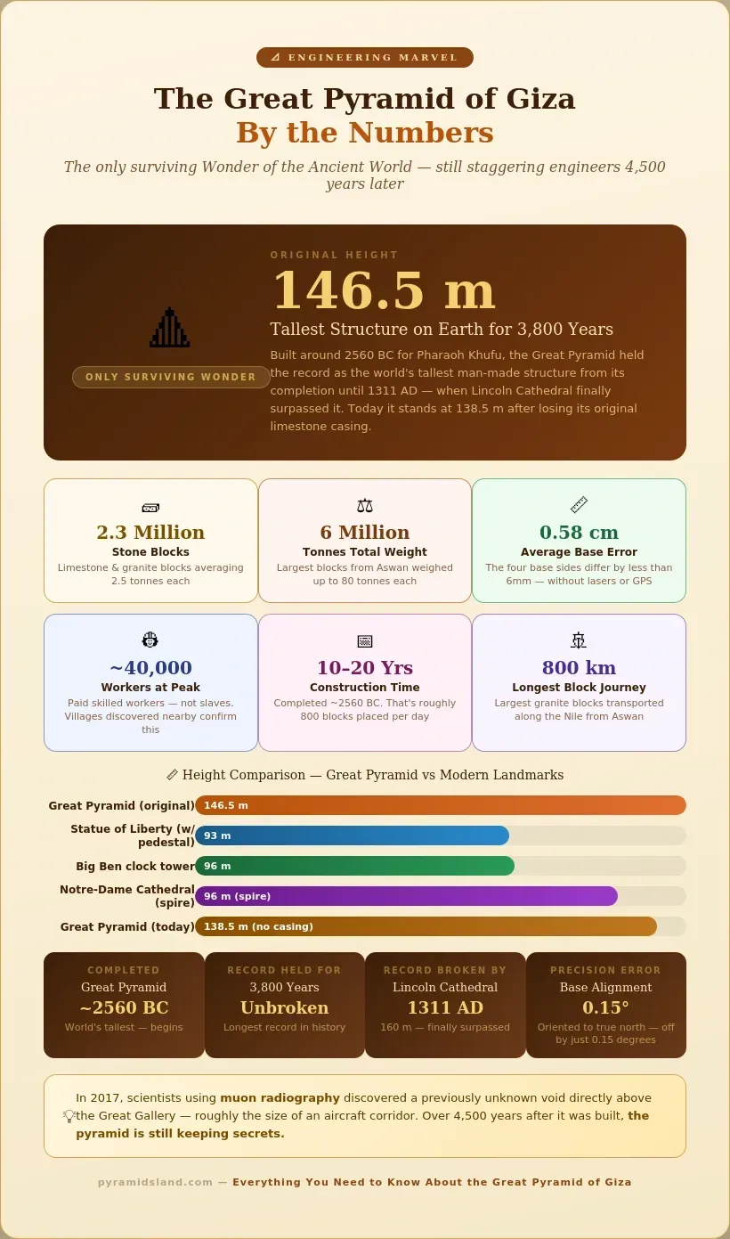 Infographic showing Great Pyramid of Giza statistics, including 146.5 metre original height, 2.3 million stone blocks, 6 million tonnes weight, 0.58 centimetre base error, 40000 workers at peak, 10 to 20 year build time, and height comparison with the Statue of Liberty, Big Ben, and Notre-Dame Cathedral