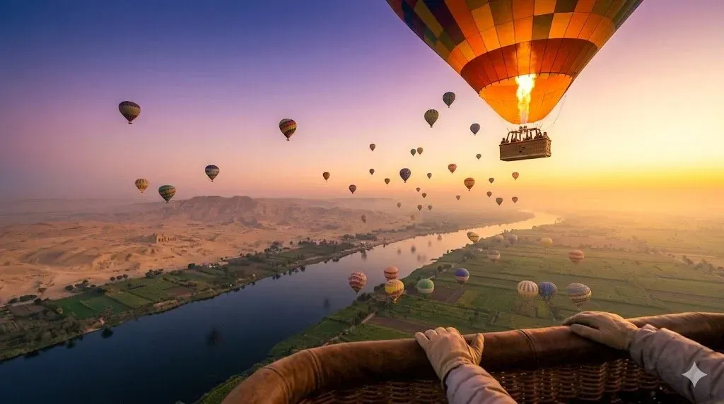 View from inside a hot air balloon basket at sunrise over the Nile with dozens of balloons in the sk
