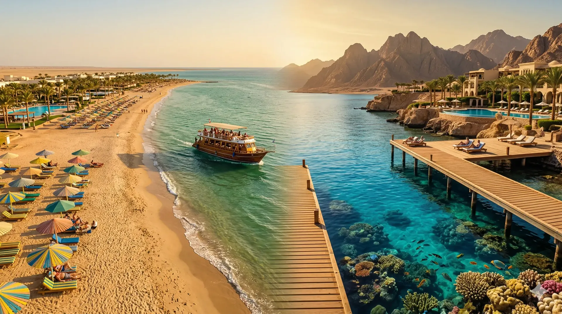 Split view comparing Hurghada and Sharm El Sheikh — Hurghada side showing a wide sandy beach with co