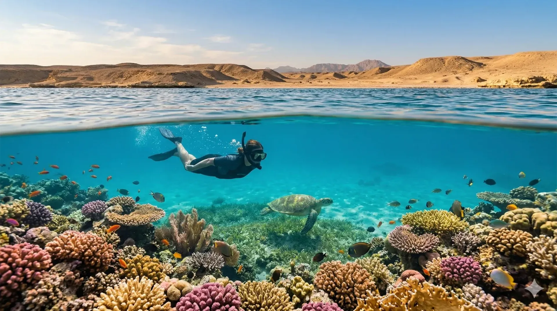 `Snorkeler and sea turtle above a coral reef in Marsa Alam with Egypt's desert coastline in the back