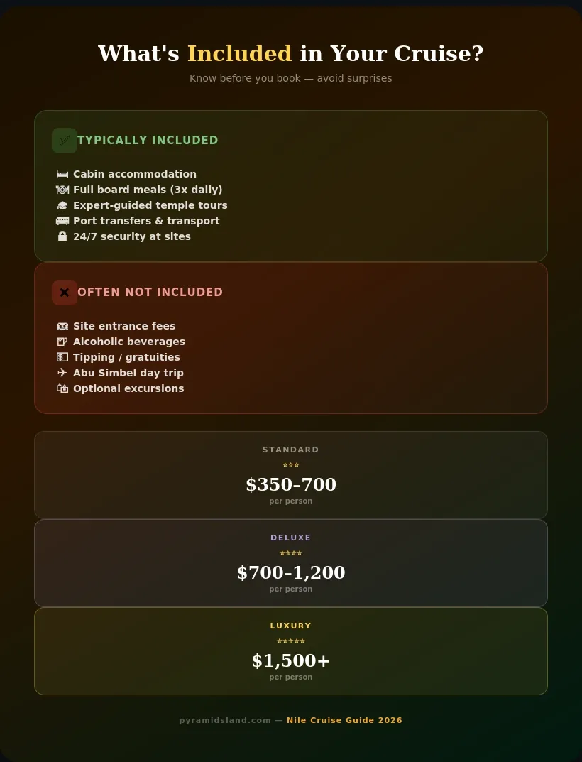 Infographic showing what is included in a Nile cruise package — cabin, meals, guided tours, and transfers — versus what is not included, plus price tiers from $350 standard to $1,500+ luxury per person