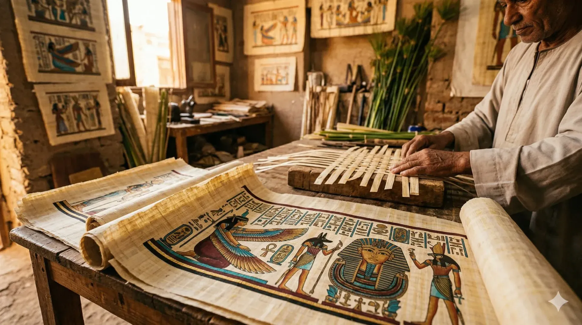 Egyptian papyrus artisan at work in a sunlit shop.
